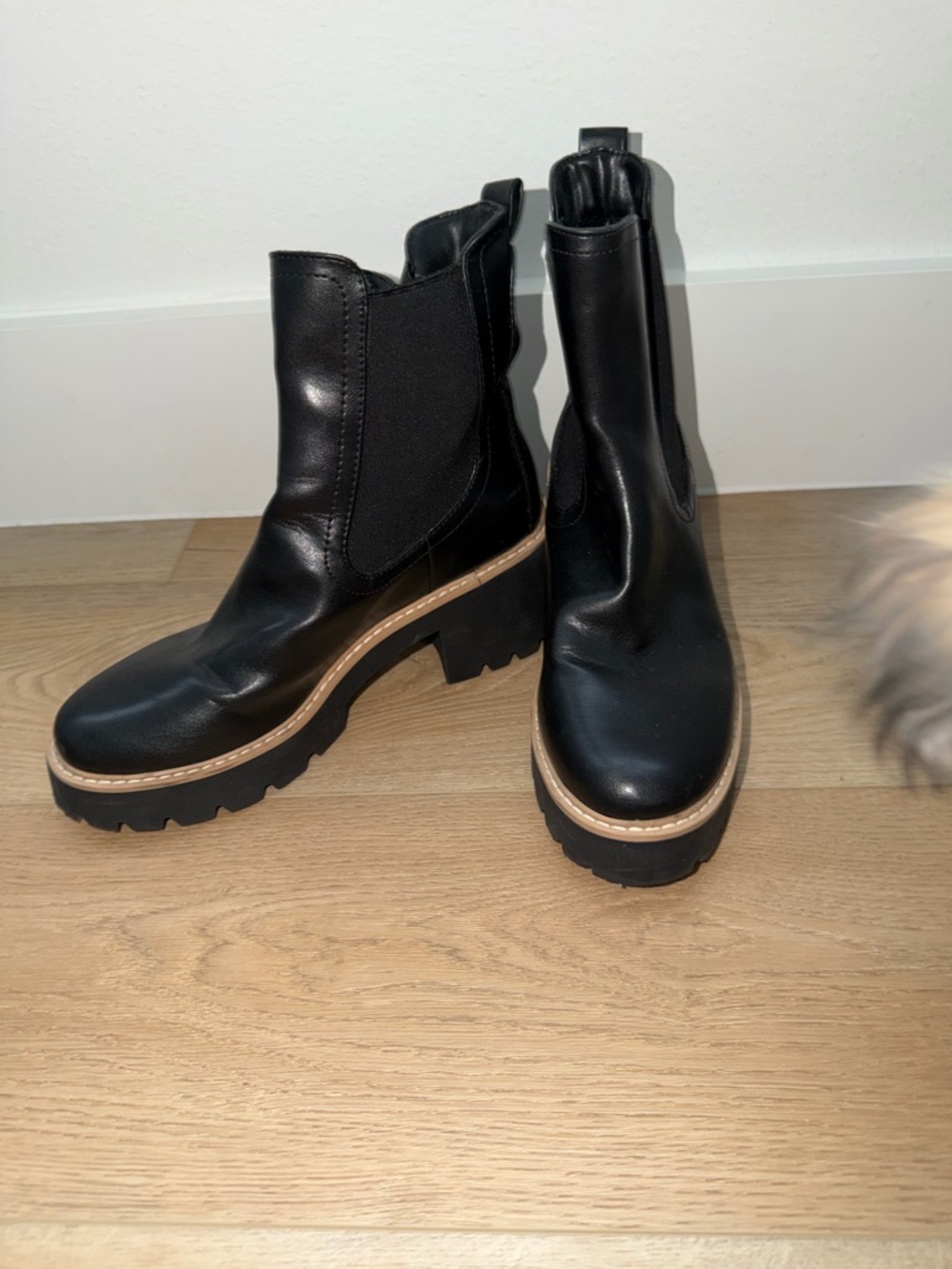 DV by Dolce Vita Black Chelsea Lug Ankle Boots with Tan Contrast Welt